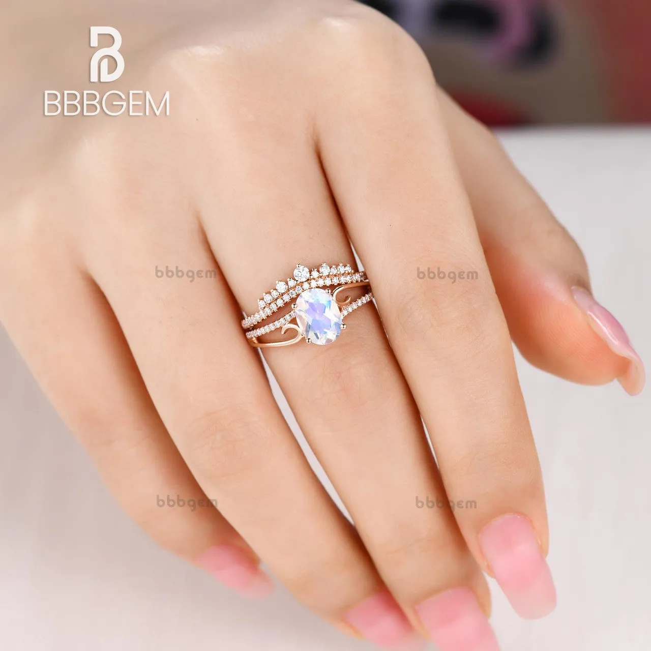Art Deco Moonstone Engagement Ring Set Curved Diamond Split Shank Band Antique Crown Matching Band