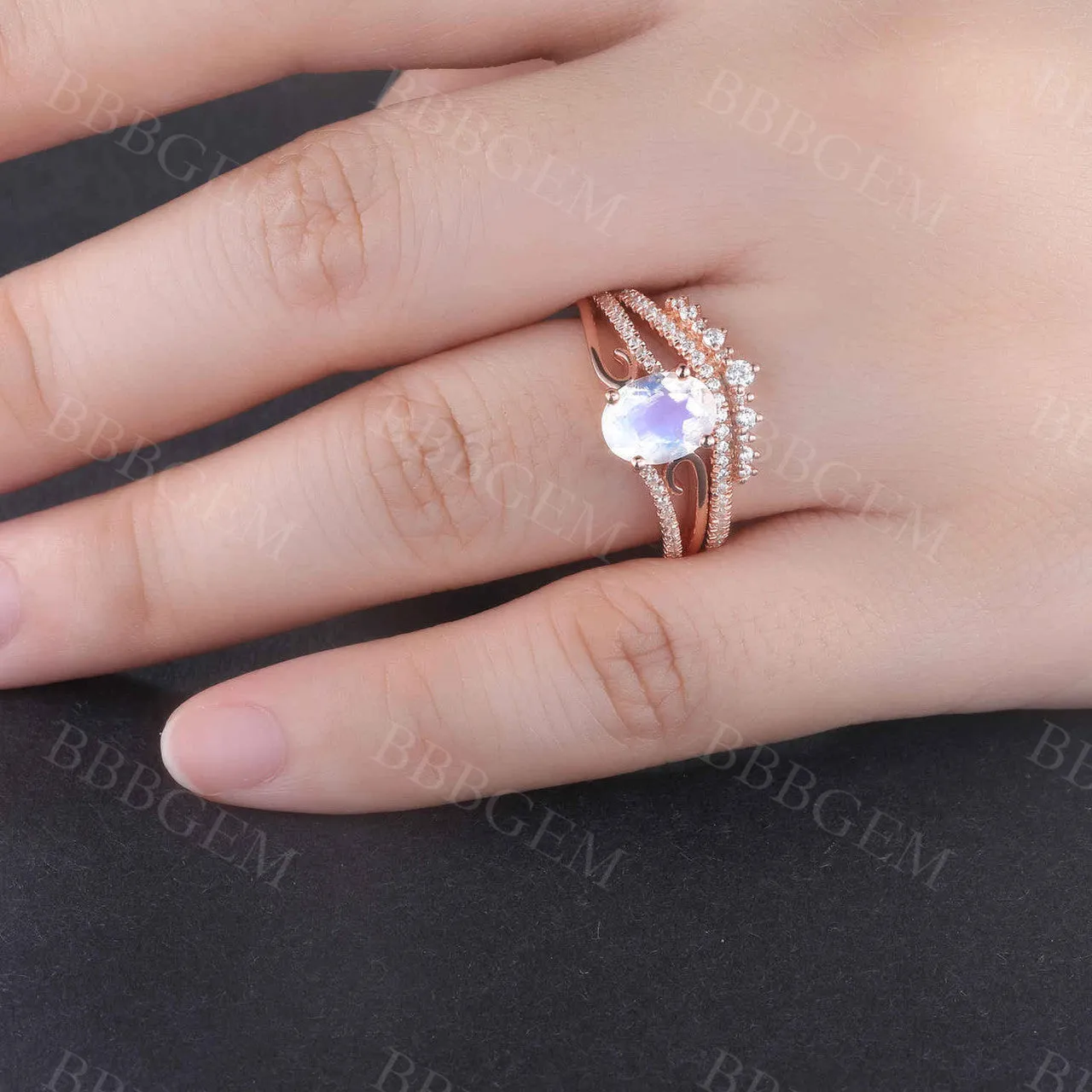 Art Deco Moonstone Engagement Ring Set Curved Diamond Split Shank Band Antique Crown Matching Band