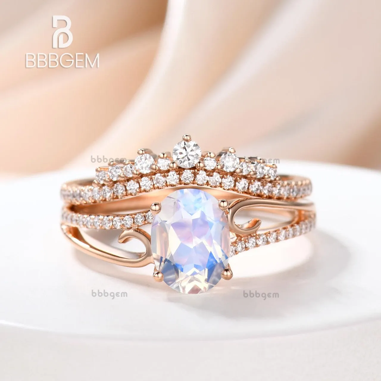 Art Deco Moonstone Engagement Ring Set Curved Diamond Split Shank Band Antique Crown Matching Band