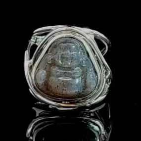 Black Moonstone Buddha Finger Cuff Adjustable Ring .925 Silver for New Beginnings and Protection