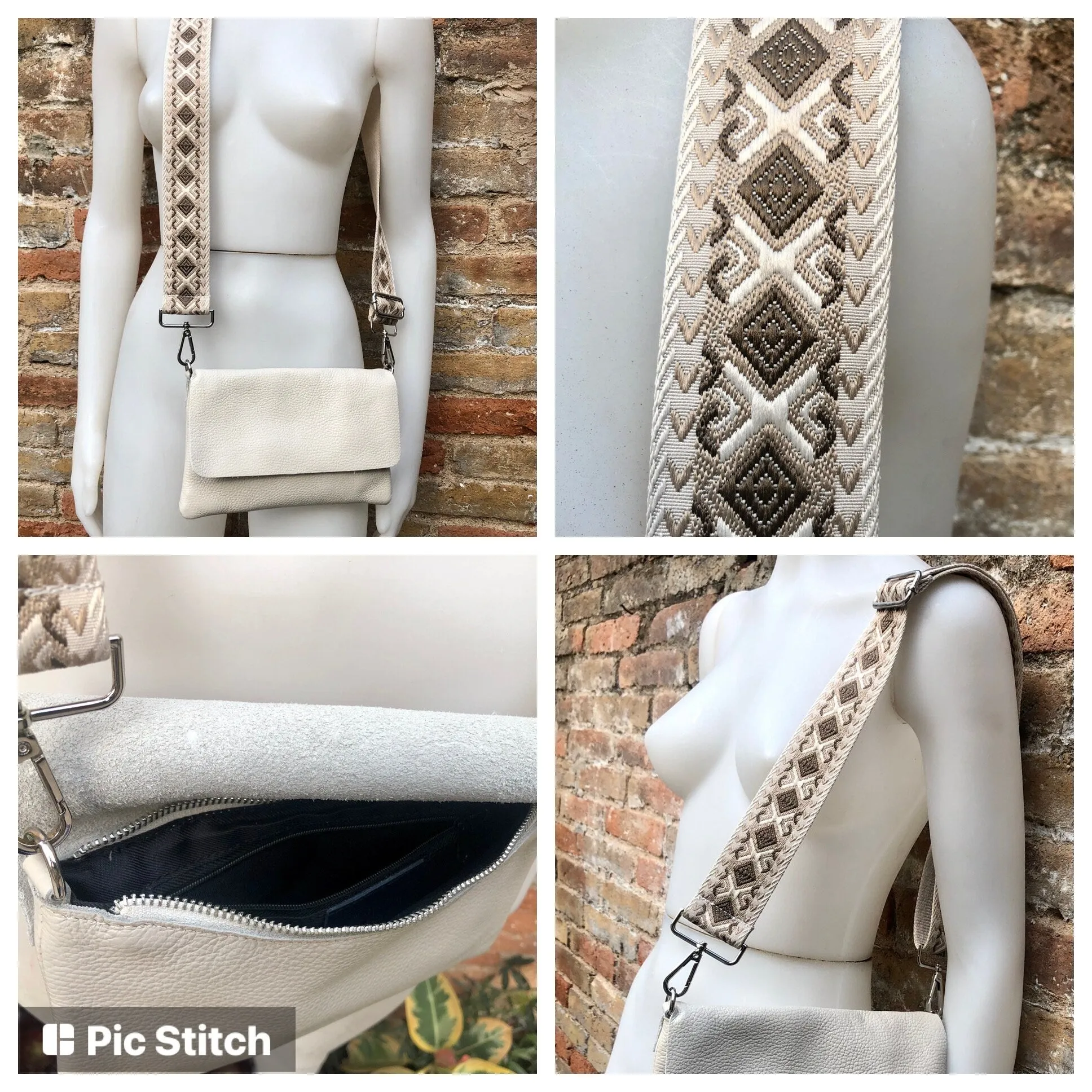Cream color small leather bag. 2 straps: 1 leather   1 guitar strap. GENUINE leather Crossbody / shoulder bag. Light beige purse with flap