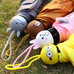 Creative Cute Cartoon Bear Rabbit Totoro Villain Children Umbrella 3 Folding Pongee Windproof Rain Umbrella For Kids