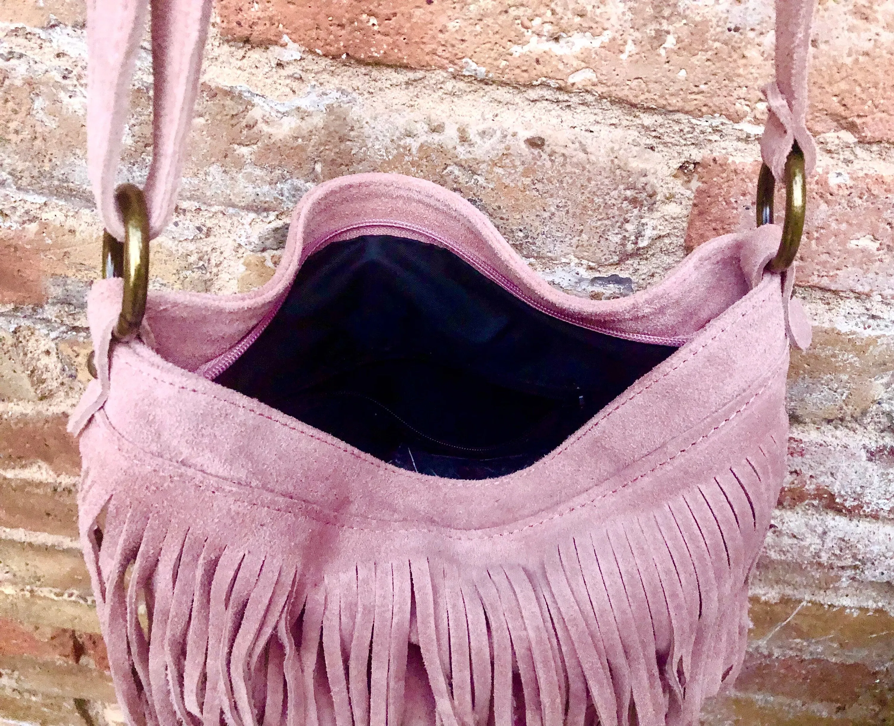 Cross body bag. BOHO suede leather bag in light PINK with FRINGES. Larger style.  Genuine suede messenger bag Pink hippy bag in  leatheri