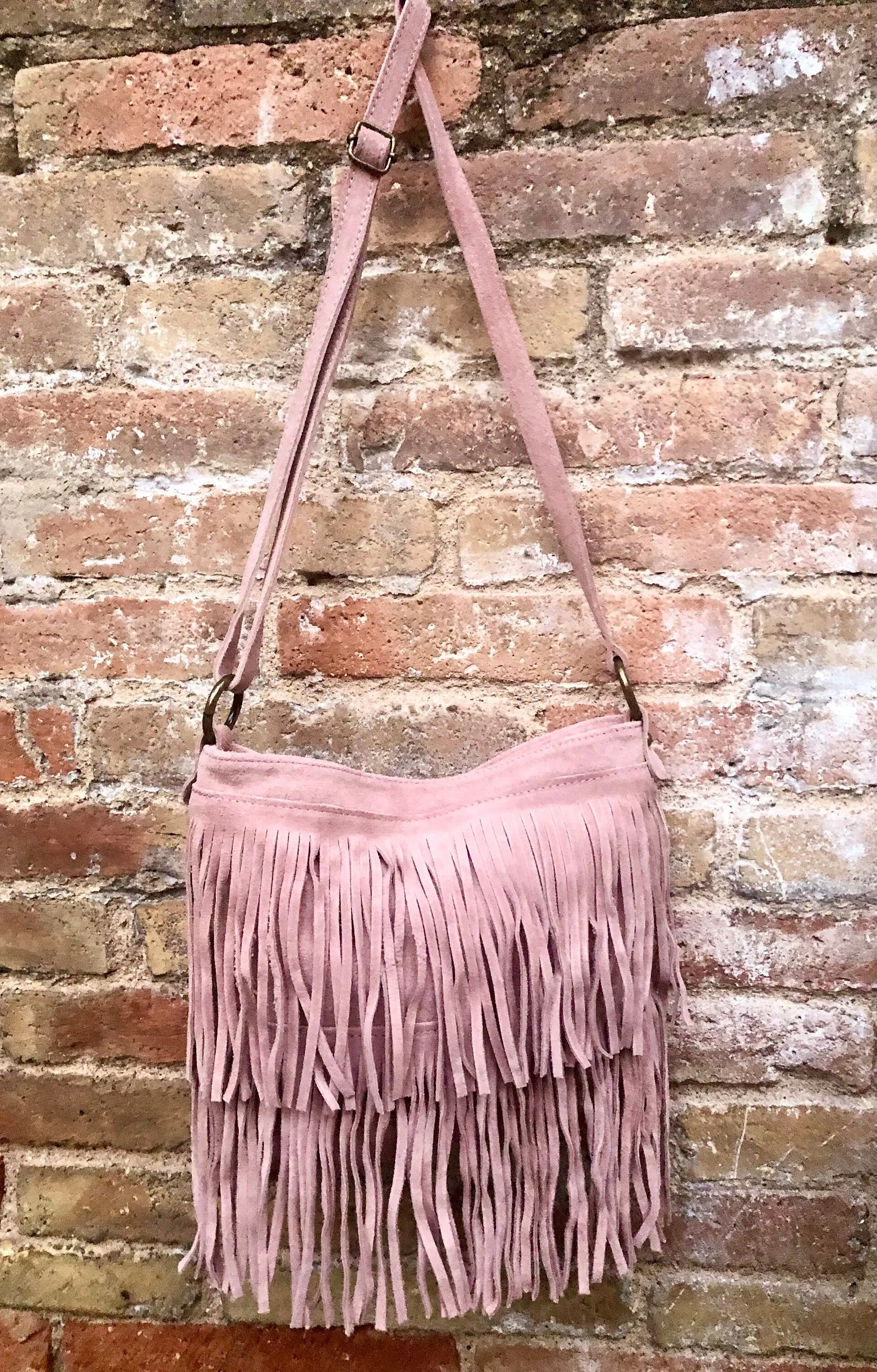 Cross body bag. BOHO suede leather bag in light PINK with FRINGES. Larger style.  Genuine suede messenger bag Pink hippy bag in  leatheri