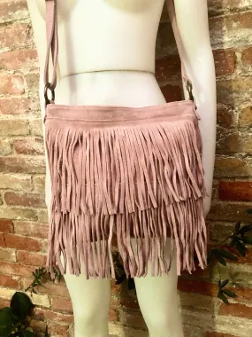 Cross body bag. BOHO suede leather bag in light PINK with FRINGES. Larger style.  Genuine suede messenger bag Pink hippy bag in  leatheri
