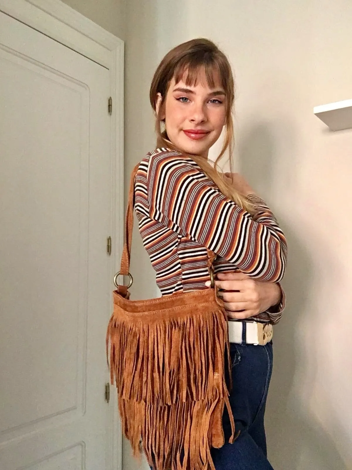 Cross body bag. BOHO suede leather bag in light PINK with FRINGES. Larger style.  Genuine suede messenger bag Pink hippy bag in  leatheri