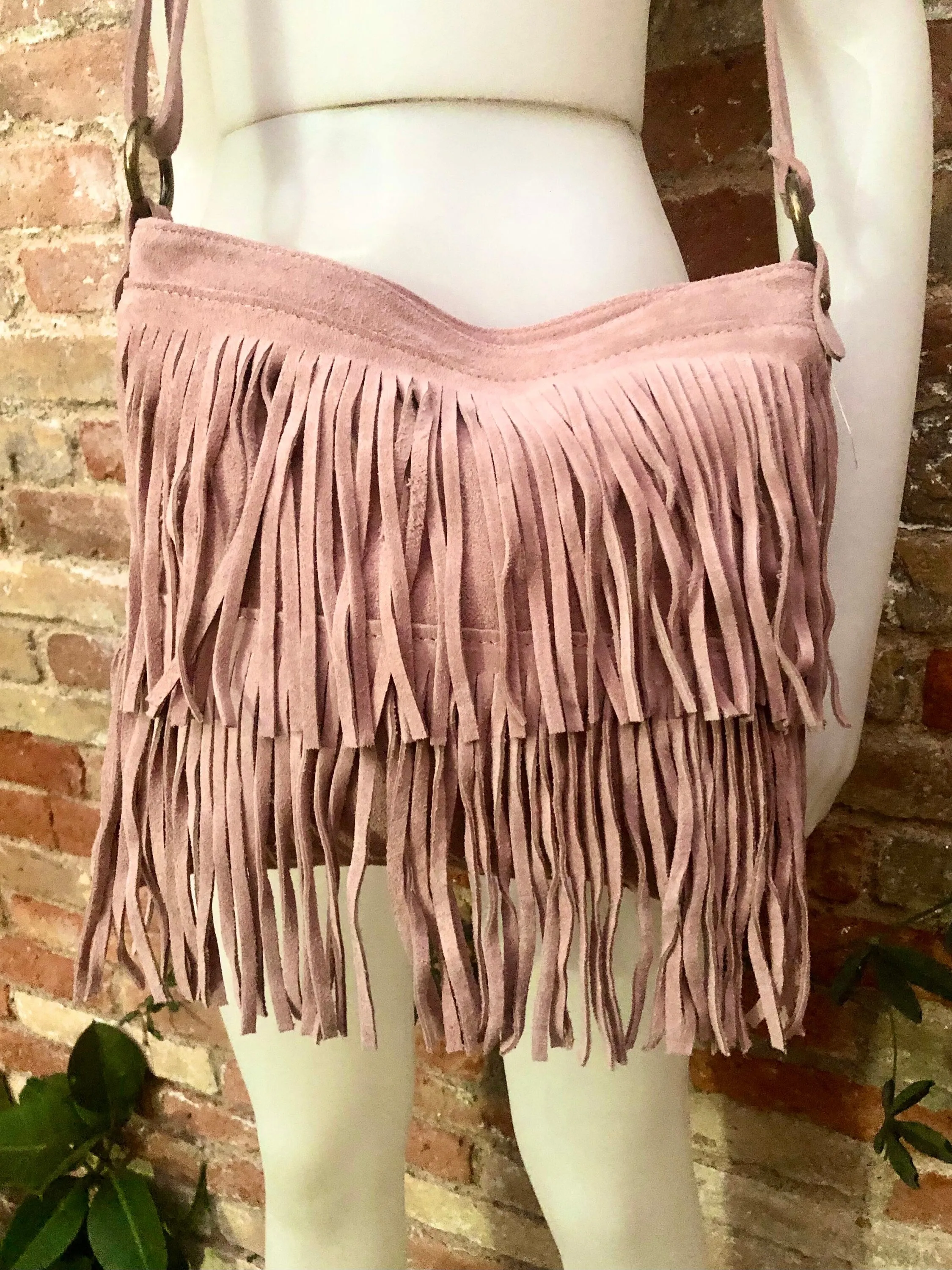 Cross body bag. BOHO suede leather bag in light PINK with FRINGES. Larger style.  Genuine suede messenger bag Pink hippy bag in  leatheri