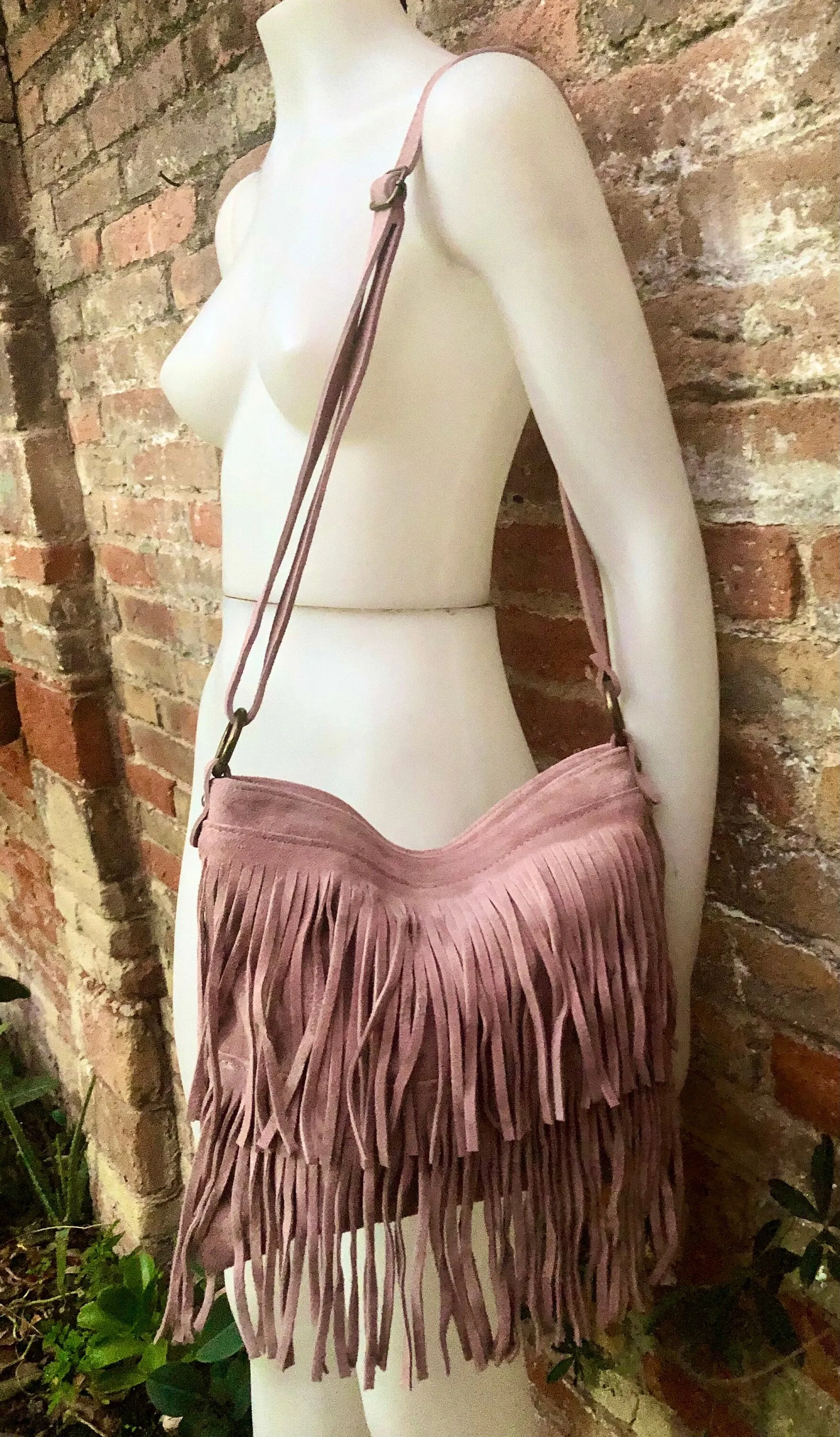 Cross body bag. BOHO suede leather bag in light PINK with FRINGES. Larger style.  Genuine suede messenger bag Pink hippy bag in  leatheri