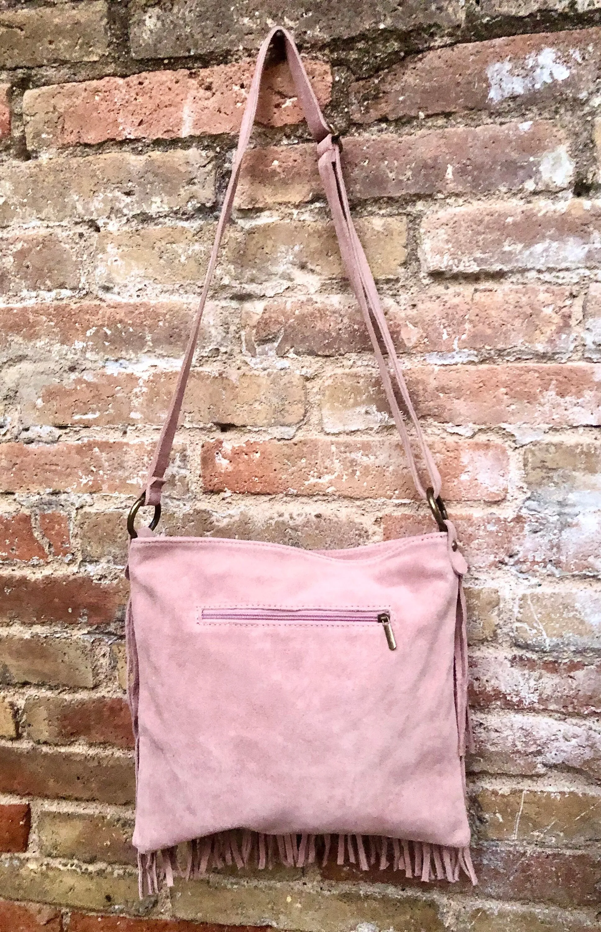 Cross body bag. BOHO suede leather bag in light PINK with FRINGES. Larger style.  Genuine suede messenger bag Pink hippy bag in  leatheri
