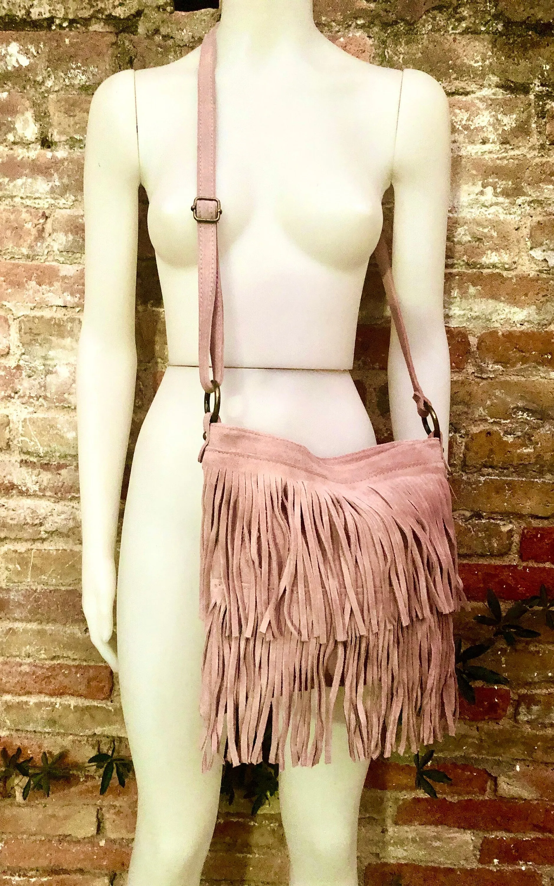 Cross body bag. BOHO suede leather bag in light PINK with FRINGES. Larger style.  Genuine suede messenger bag Pink hippy bag in  leatheri