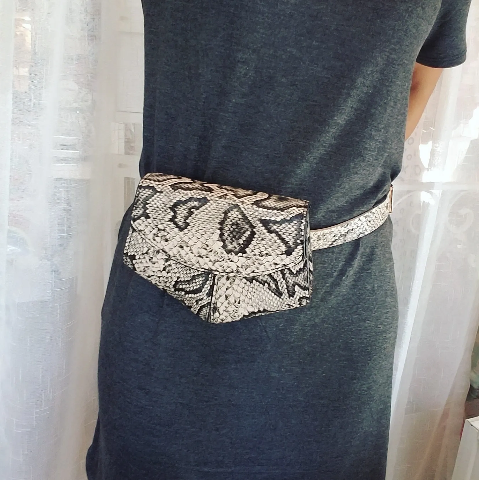 Faux Snakeskin Fanny Pack, Belt Bag - Black/Tan