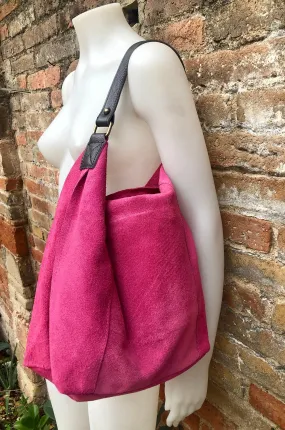 FUCHSIA Slouch leather bag, wide strap. Hot pink hobo bag. Soft genuine suede leather shopper w/accents in brown leather. Book, tablet bag.
