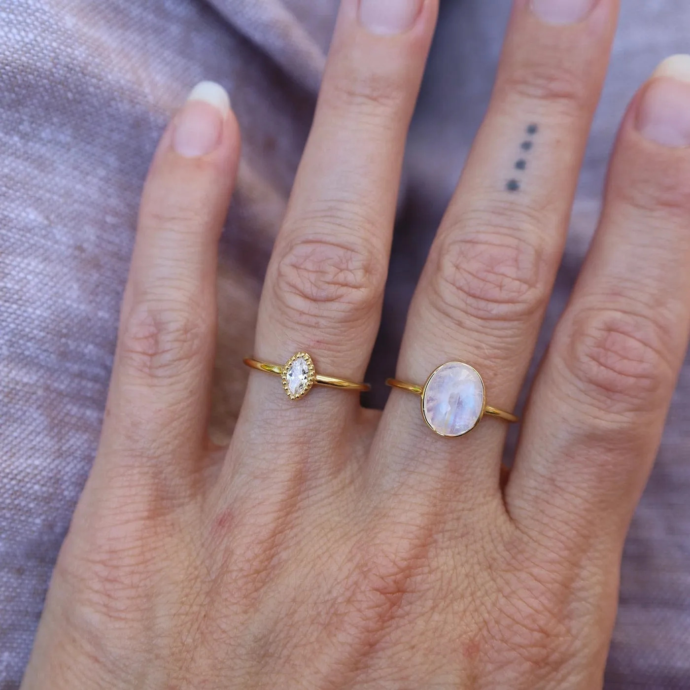 Gold Vermeil Bezel Set Rainbow Moonstone Cabochon Ring