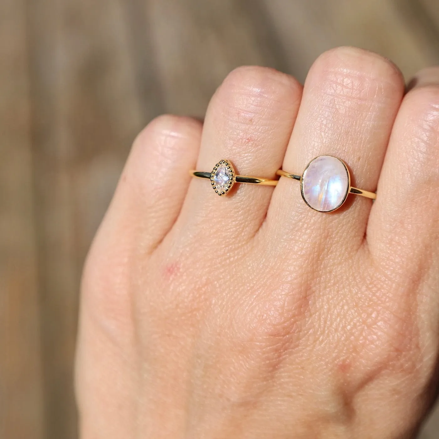 Gold Vermeil Bezel Set Rainbow Moonstone Cabochon Ring