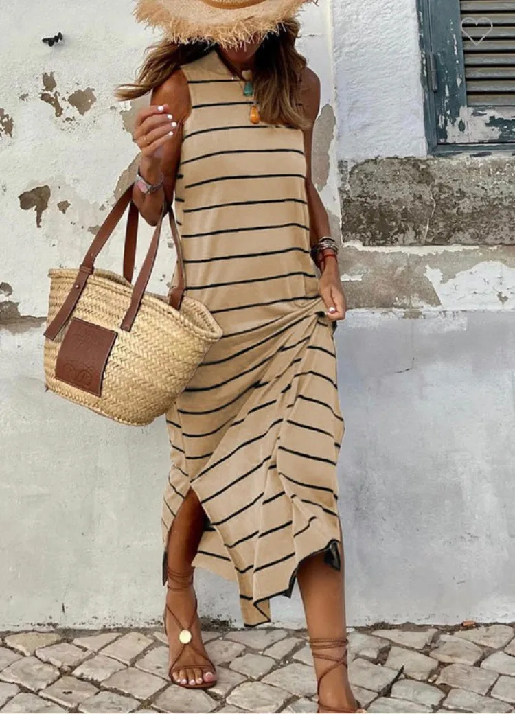 Khaki Striped Print Open Back Maxi