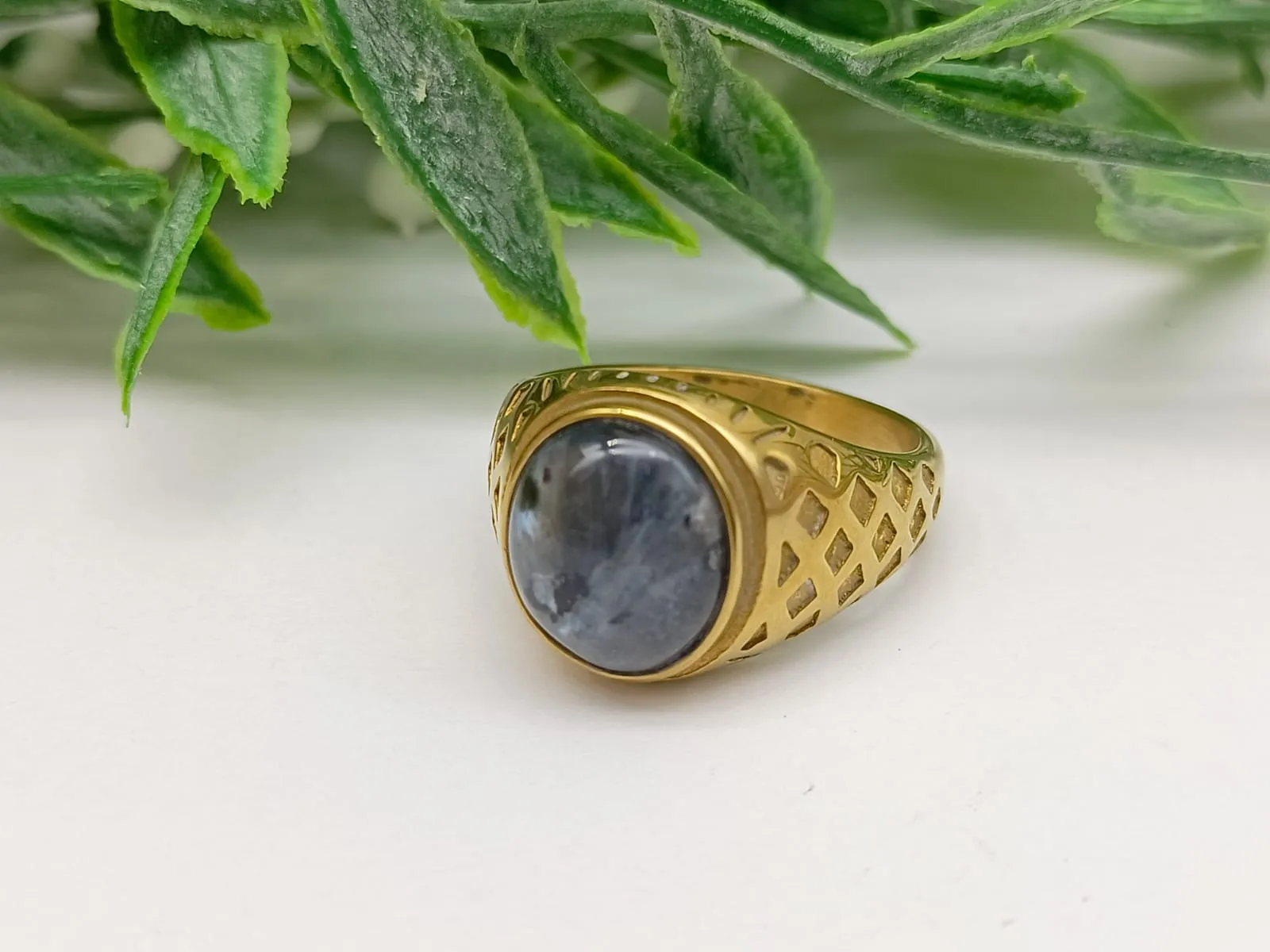 Larvikite aka Black Moonstone Titanium Gold Plated Ring Size 9 US