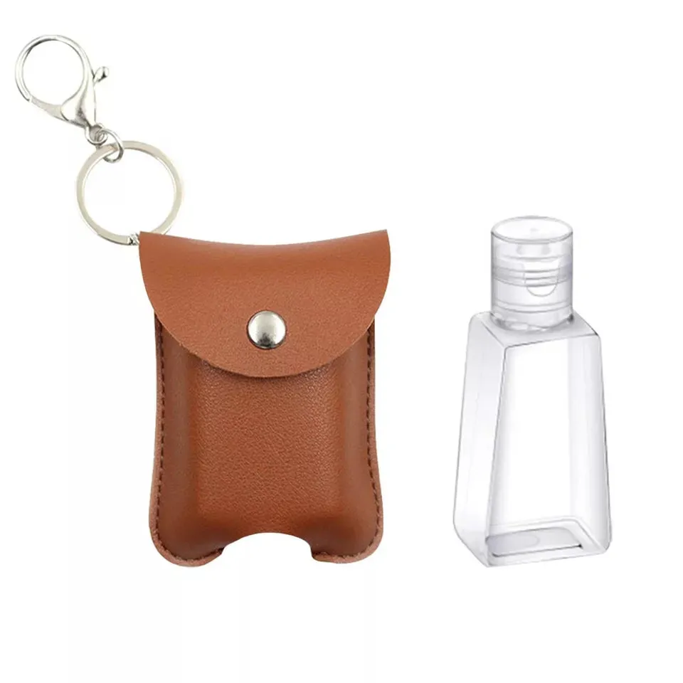Leatherette Hand Sanitizer Clip & Keychain, Rounded Brown