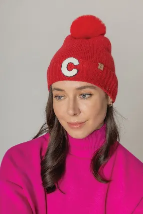 Letter C Chenille Patch Faux Fur Pom Knit Beanie