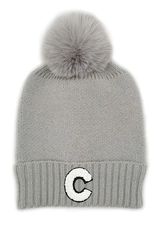 Letter C Chenille Patch Faux Fur Pom Knit Beanie