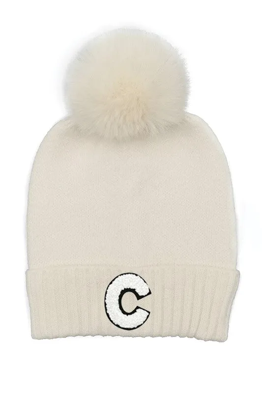 Letter C Chenille Patch Faux Fur Pom Knit Beanie