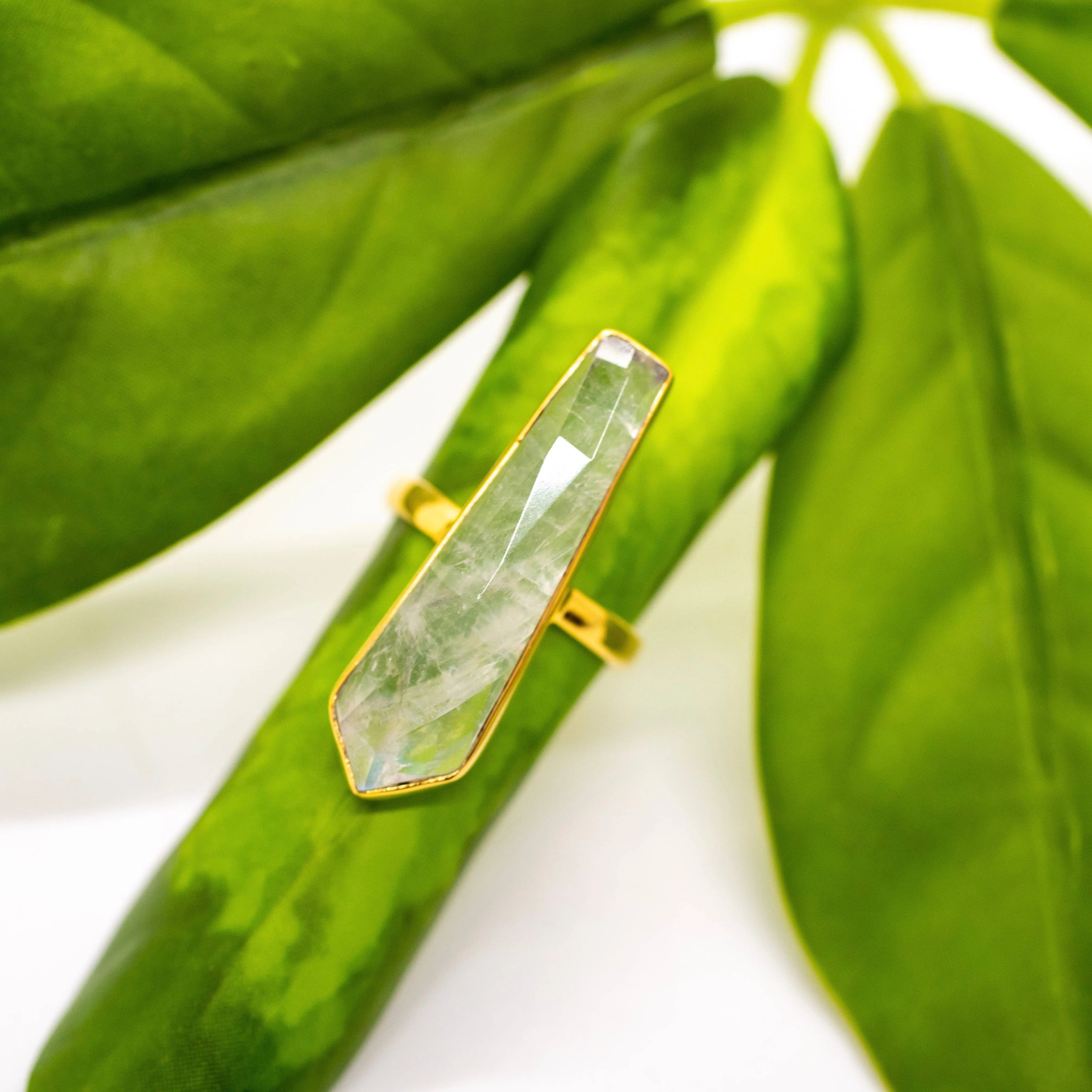 Long Brass Moonstone Bar Ring: 9