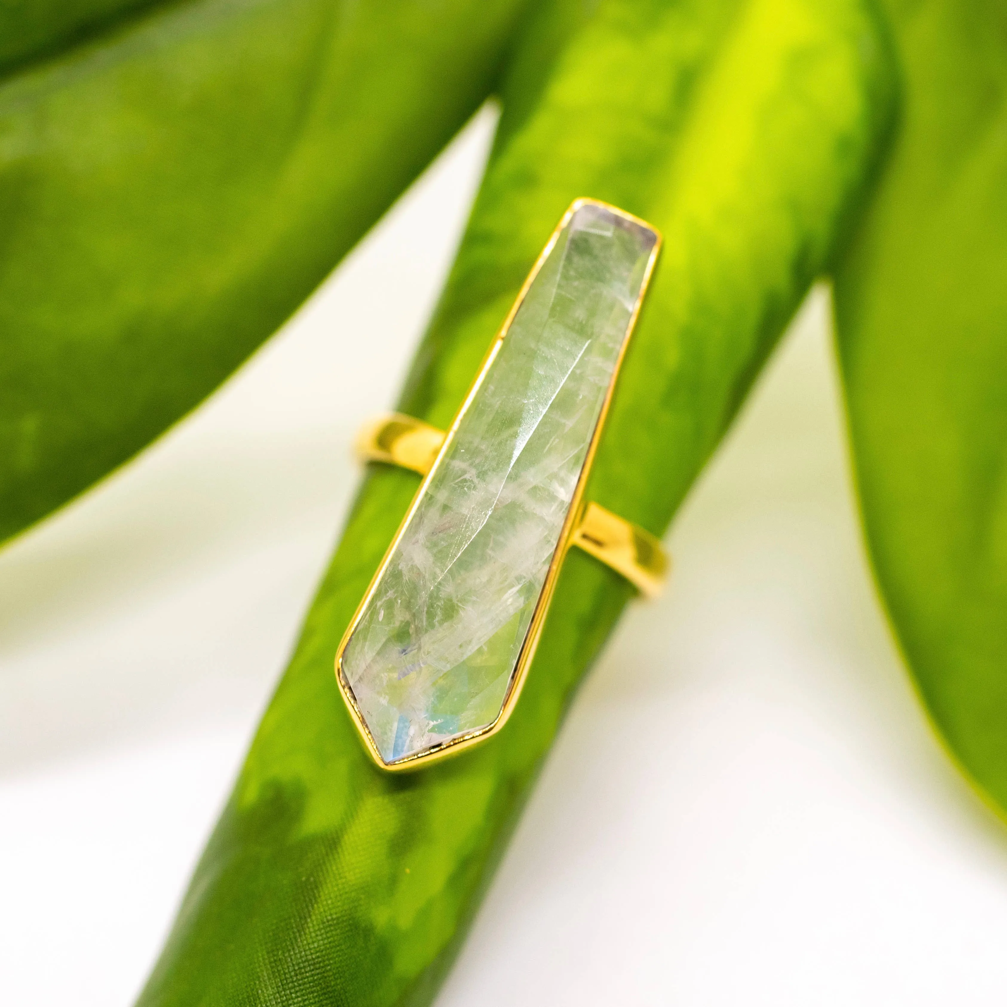 Long Brass Moonstone Bar Ring: 9