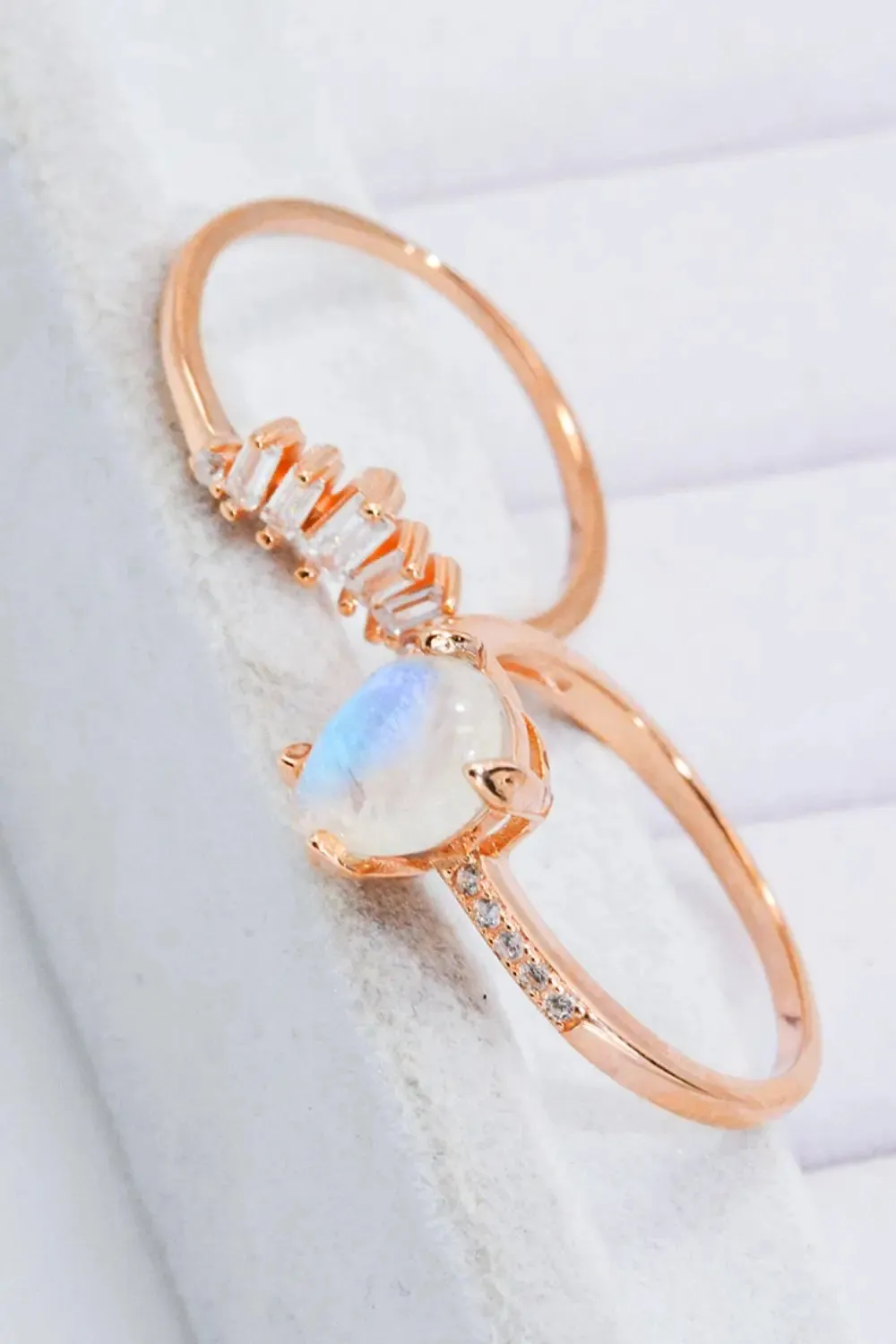 LOVCIA Natural Moonstone and Zircon 18K Rose Gold-Plated Two-Piece Ring Set