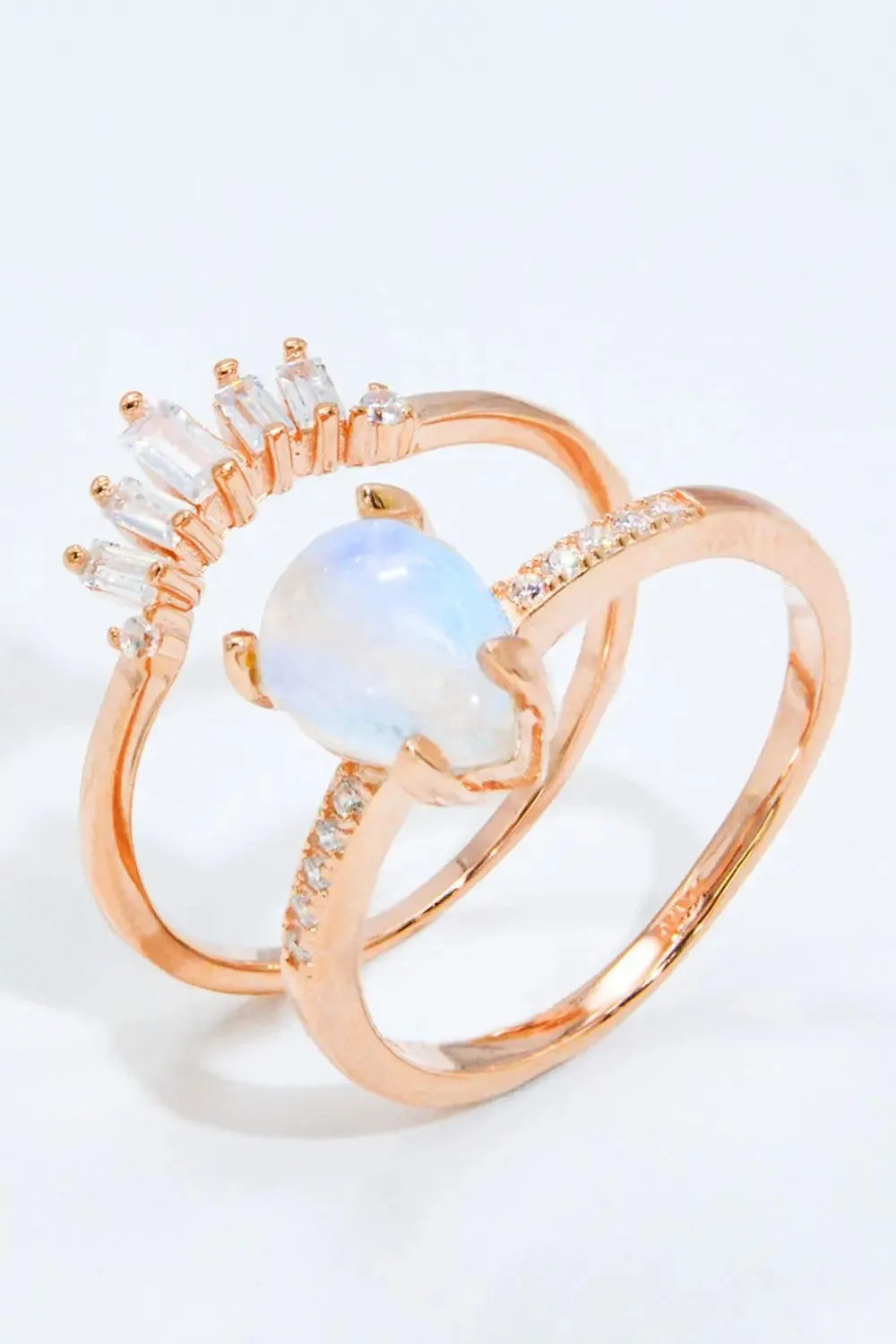 LOVCIA Natural Moonstone and Zircon 18K Rose Gold-Plated Two-Piece Ring Set