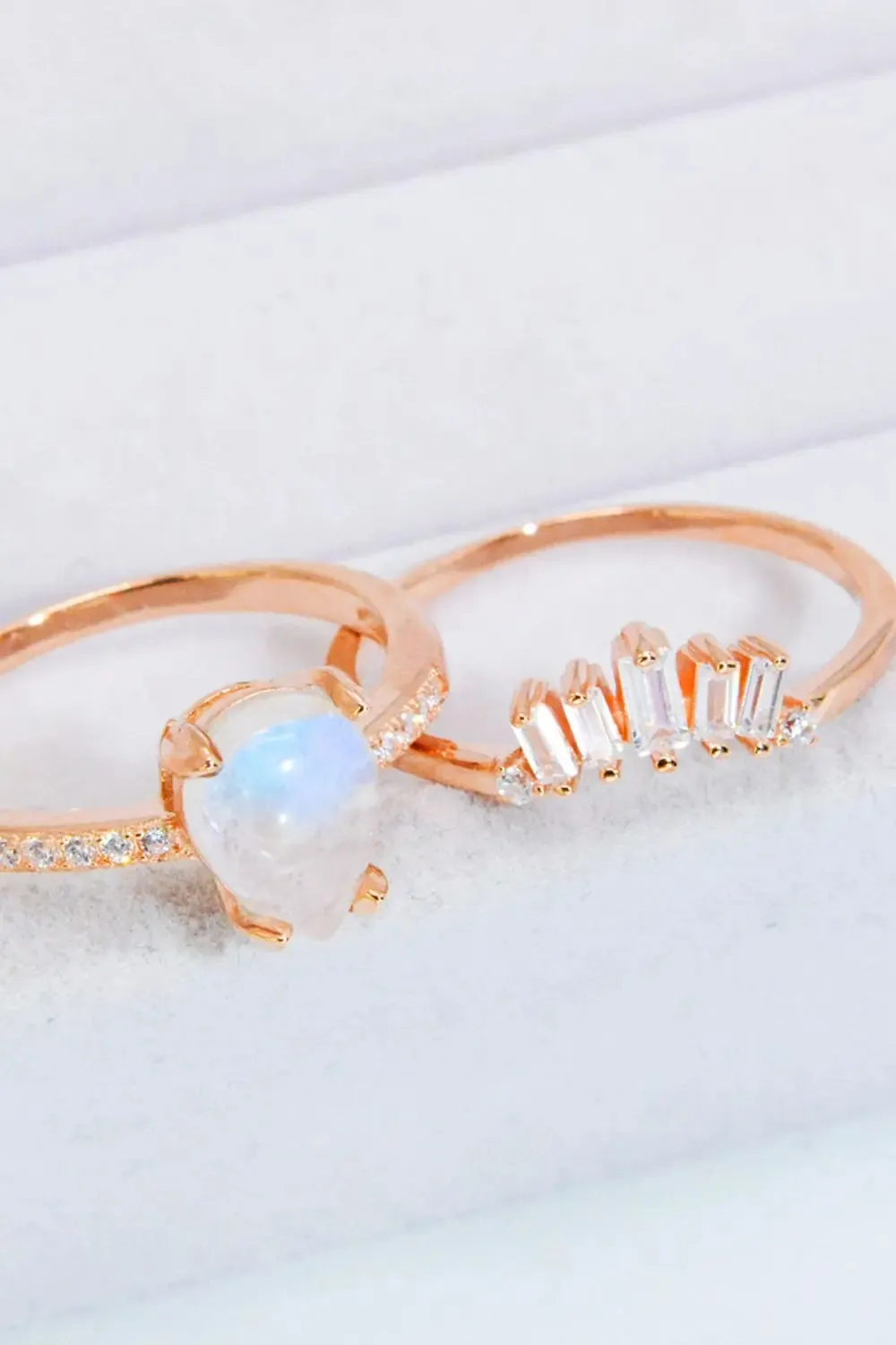 LOVCIA Natural Moonstone and Zircon 18K Rose Gold-Plated Two-Piece Ring Set