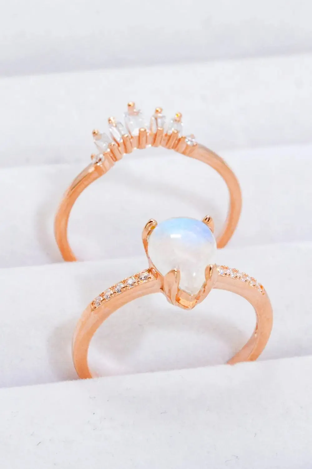 LOVCIA Natural Moonstone and Zircon 18K Rose Gold-Plated Two-Piece Ring Set