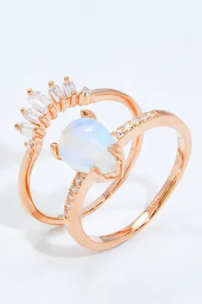 LOVCIA Natural Moonstone and Zircon 18K Rose Gold-Plated Two-Piece Ring Set