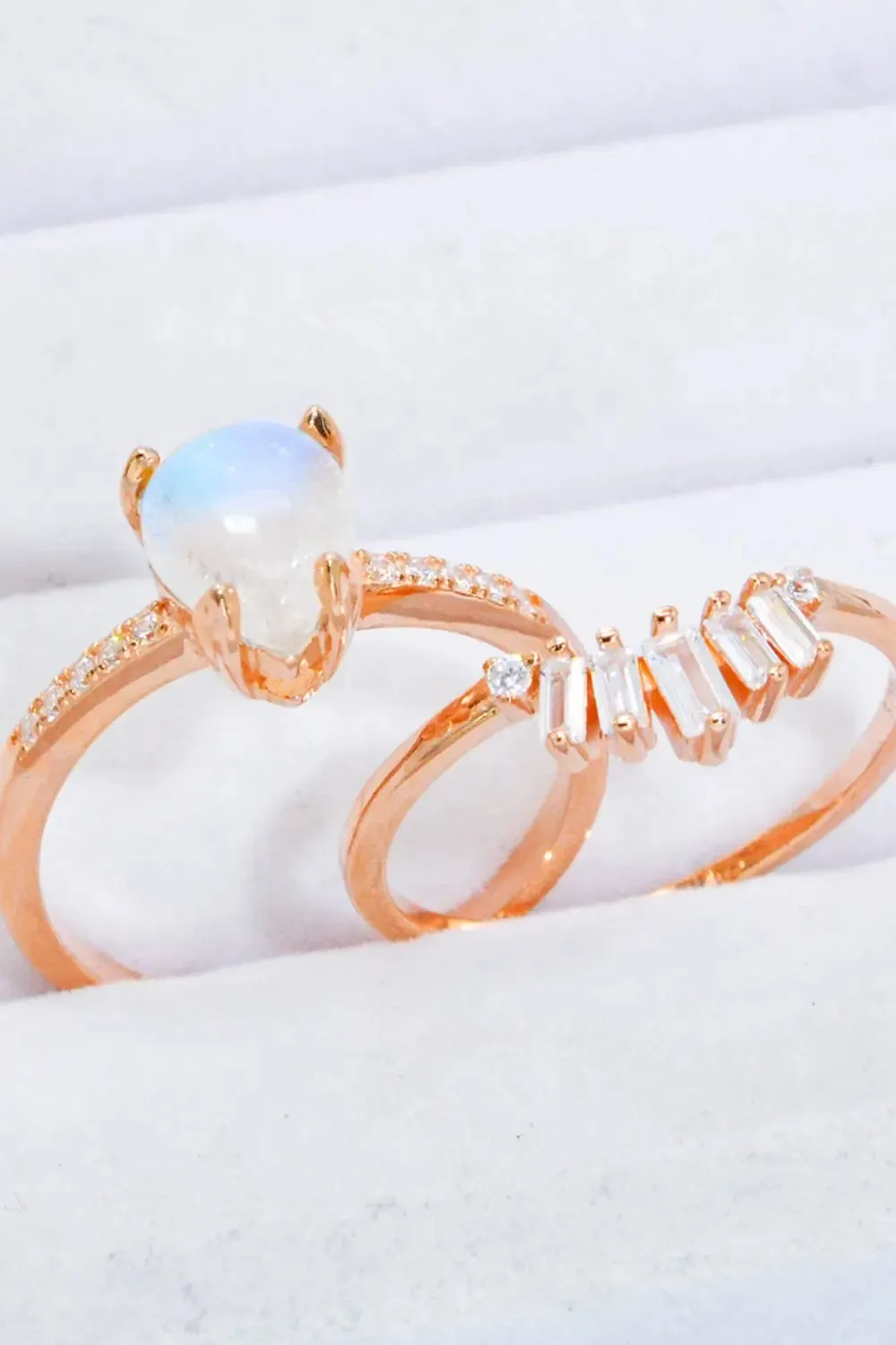 LOVCIA Natural Moonstone and Zircon 18K Rose Gold-Plated Two-Piece Ring Set