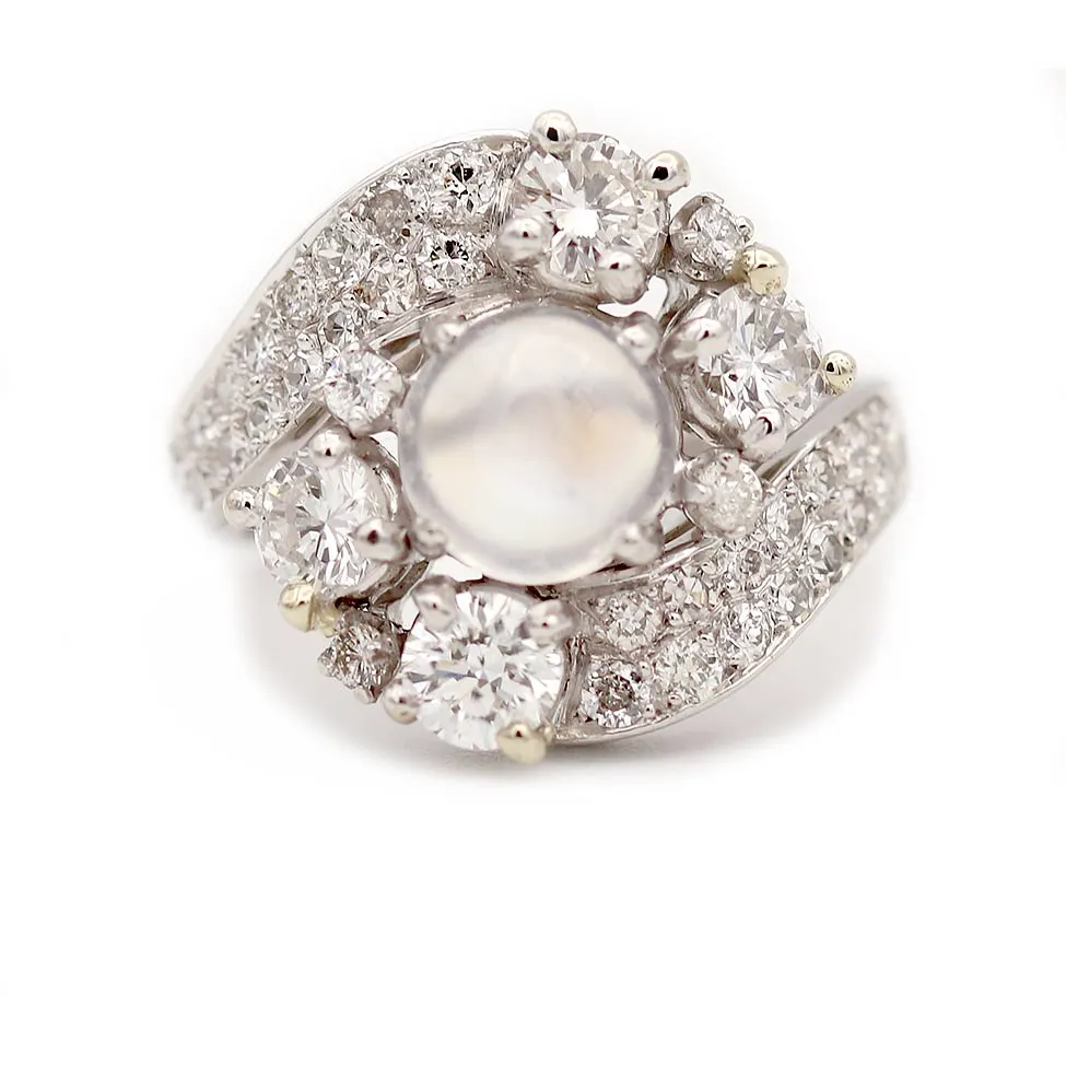 Mid-Century 2.35 CTW Moonstone Round Cut Diamond Vintage Cocktail Ring Signed Ruser