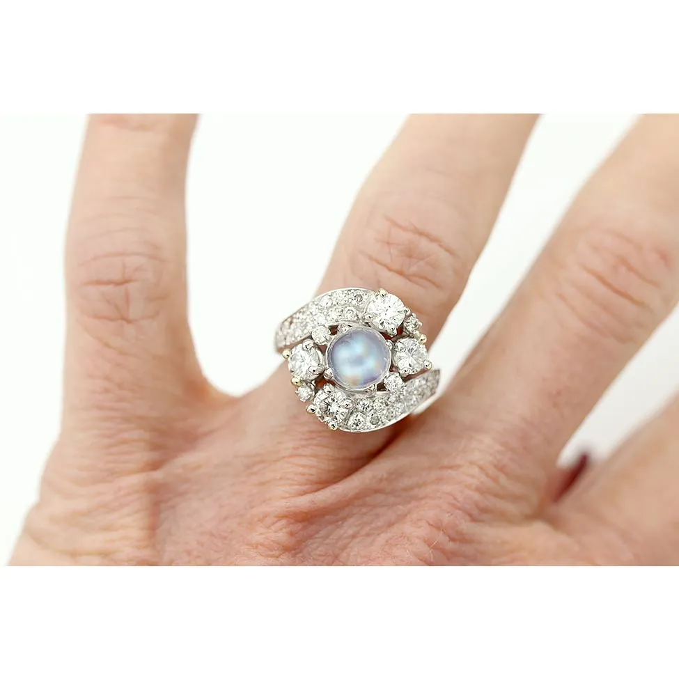 Mid-Century 2.35 CTW Moonstone Round Cut Diamond Vintage Cocktail Ring Signed Ruser