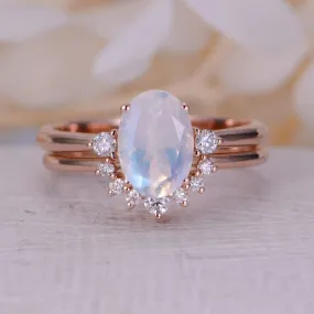 Moonstone Stack Ring, 925 Sterling Silver Non-Adjustable Ring, 18K Rose Gold Retro Minimalist Oval Moonstone Ring, Delicate Ring Size 7 Band