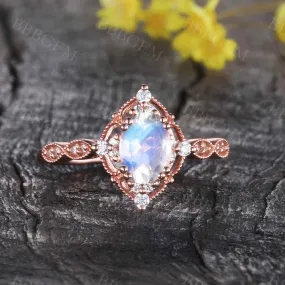 Oval Cut Moonstone Promise Ring Antique Milgrain Filigree Diamond Engagement Ring