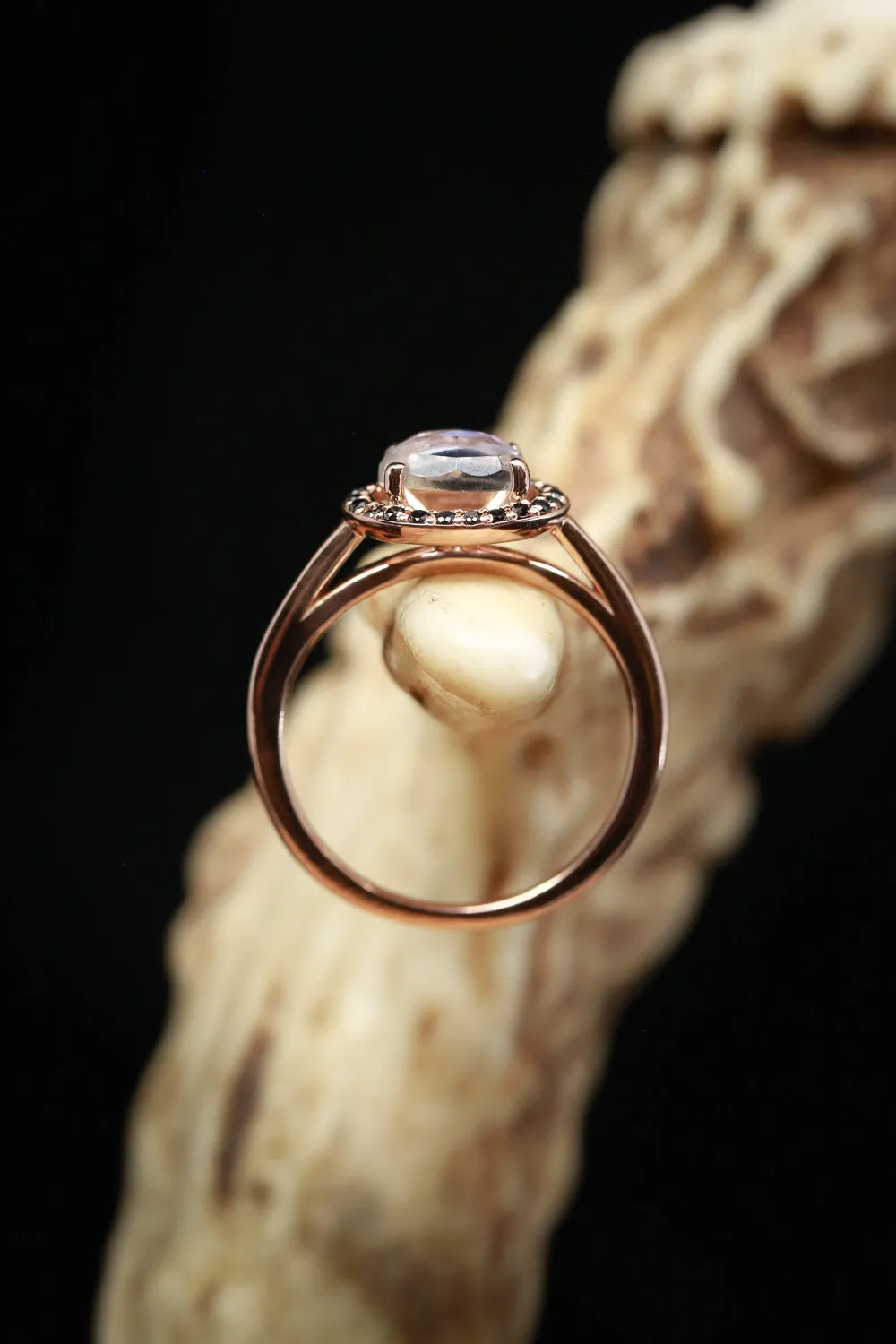 "MONET" - OVAL MOONSTONE ENGAGEMENT RING WITH BLACK DIAMOND HALO