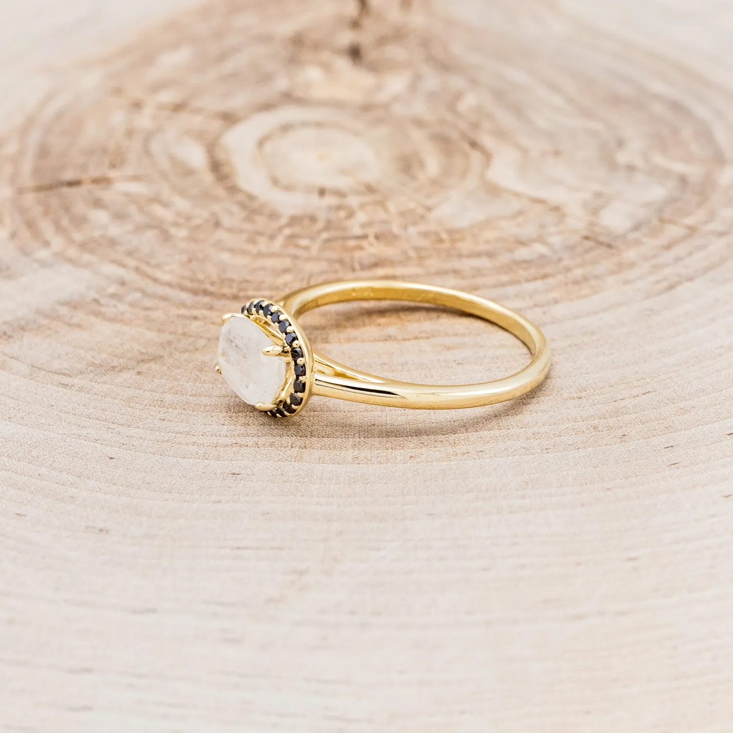 "MONET" - OVAL MOONSTONE ENGAGEMENT RING WITH BLACK DIAMOND HALO
