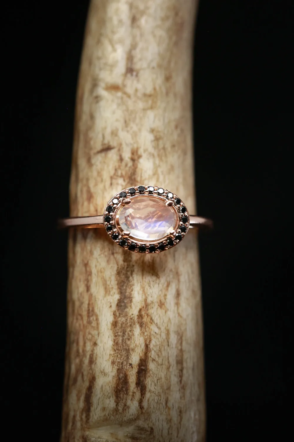 "MONET" - OVAL MOONSTONE ENGAGEMENT RING WITH BLACK DIAMOND HALO