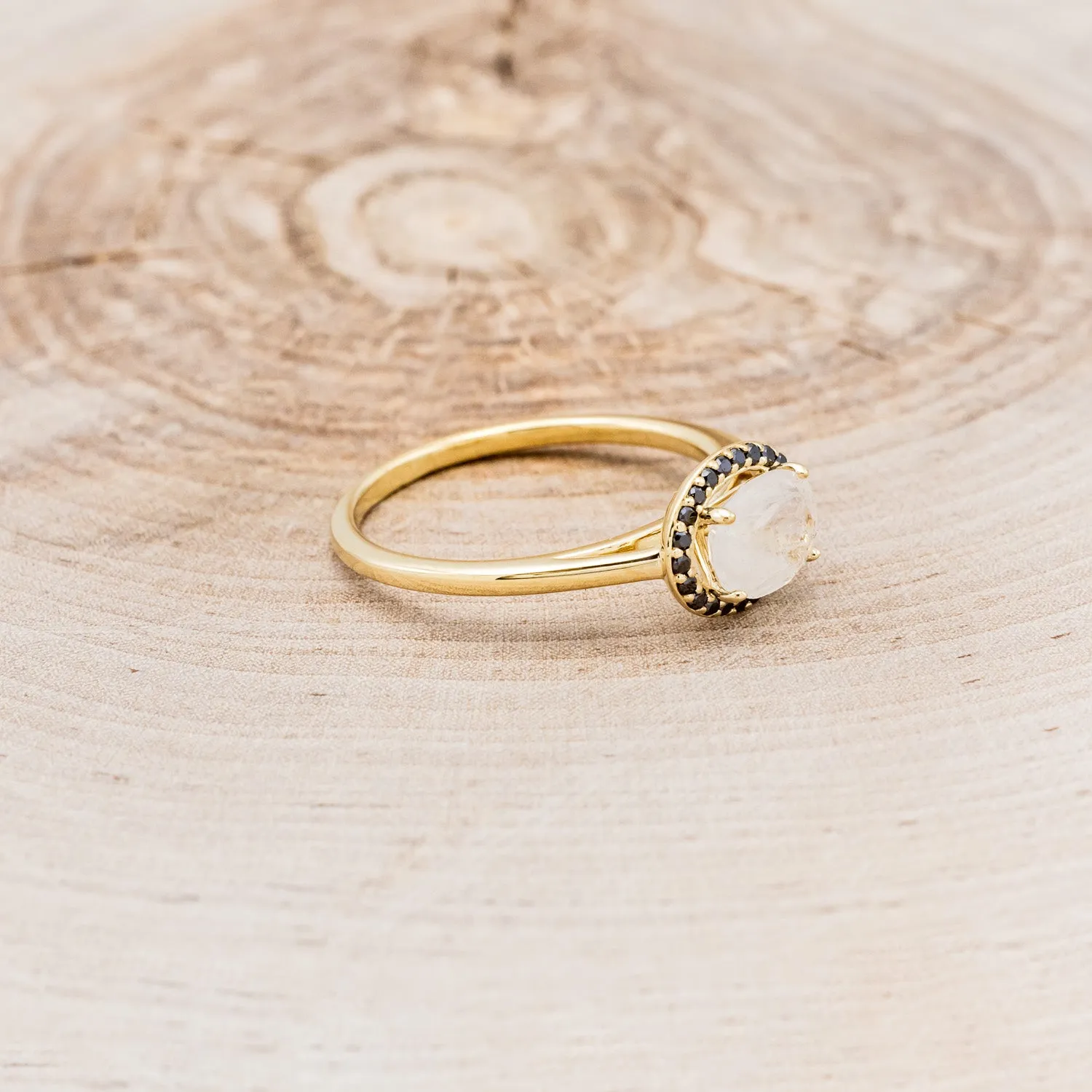 "MONET" - OVAL MOONSTONE ENGAGEMENT RING WITH BLACK DIAMOND HALO