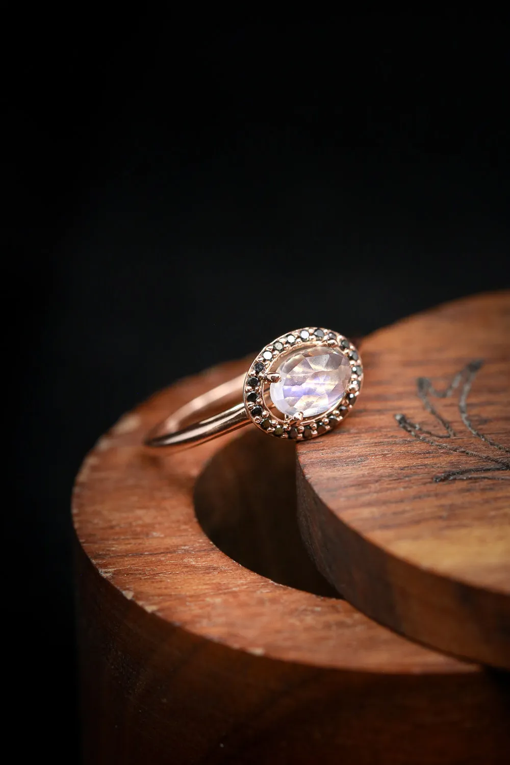 "MONET" - OVAL MOONSTONE ENGAGEMENT RING WITH BLACK DIAMOND HALO