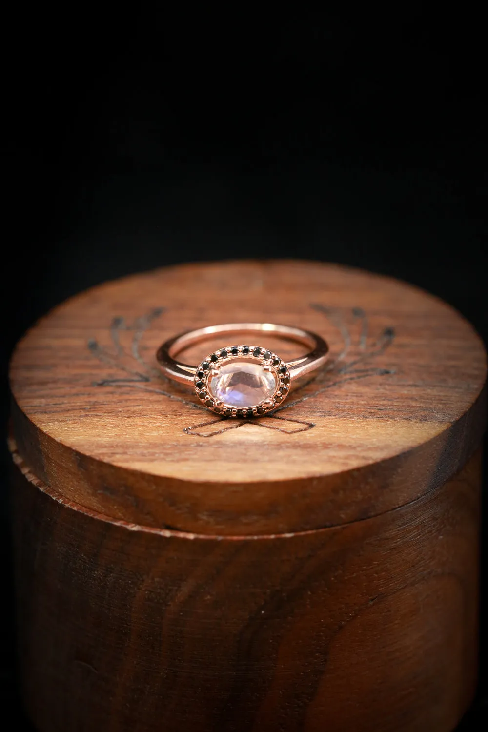 "MONET" - OVAL MOONSTONE ENGAGEMENT RING WITH BLACK DIAMOND HALO