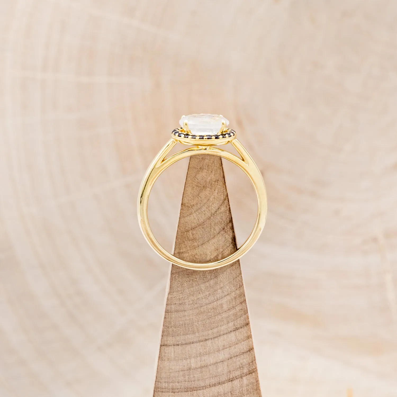 "MONET" - OVAL MOONSTONE ENGAGEMENT RING WITH BLACK DIAMOND HALO