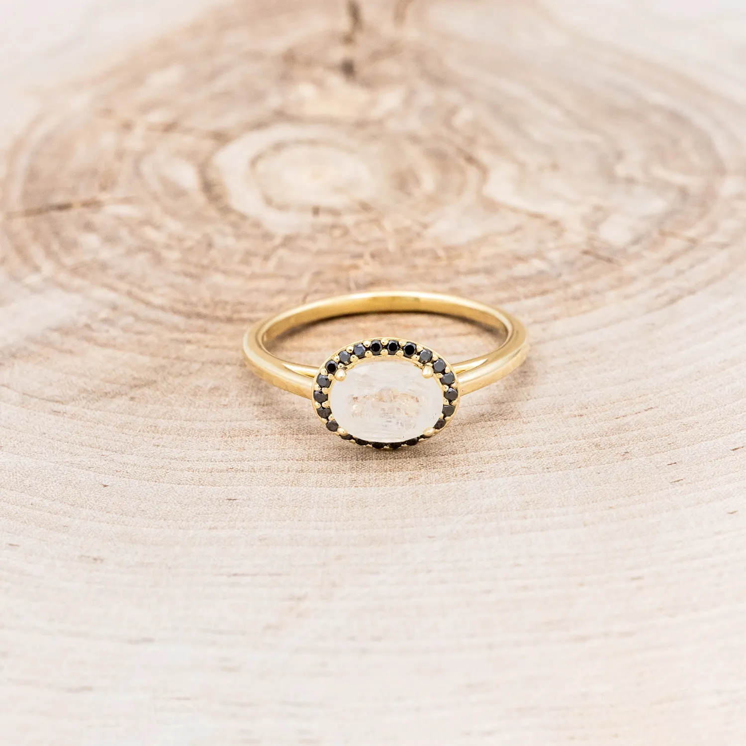 "MONET" - OVAL MOONSTONE ENGAGEMENT RING WITH BLACK DIAMOND HALO