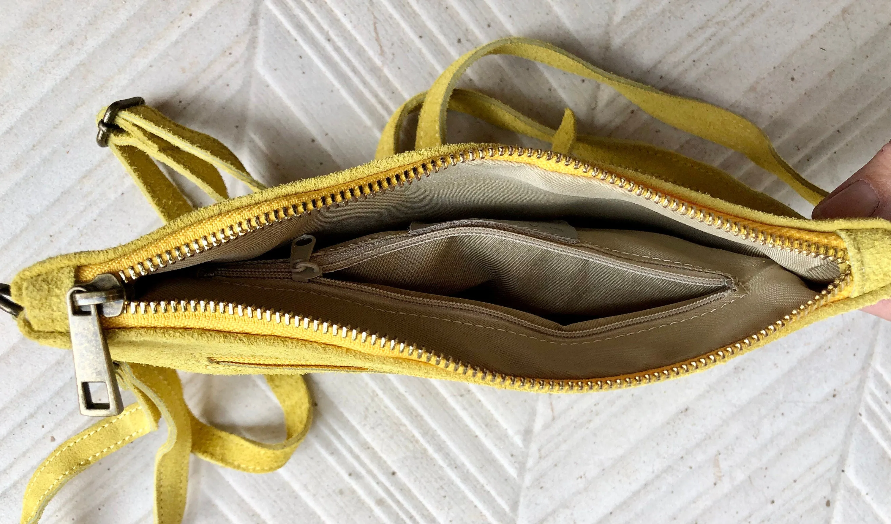 Small YELLOW suede bag. Cross body or shoulder bag in GENUINE suede  leather with adjustable strap and zipper. Boho yellow suede purse.