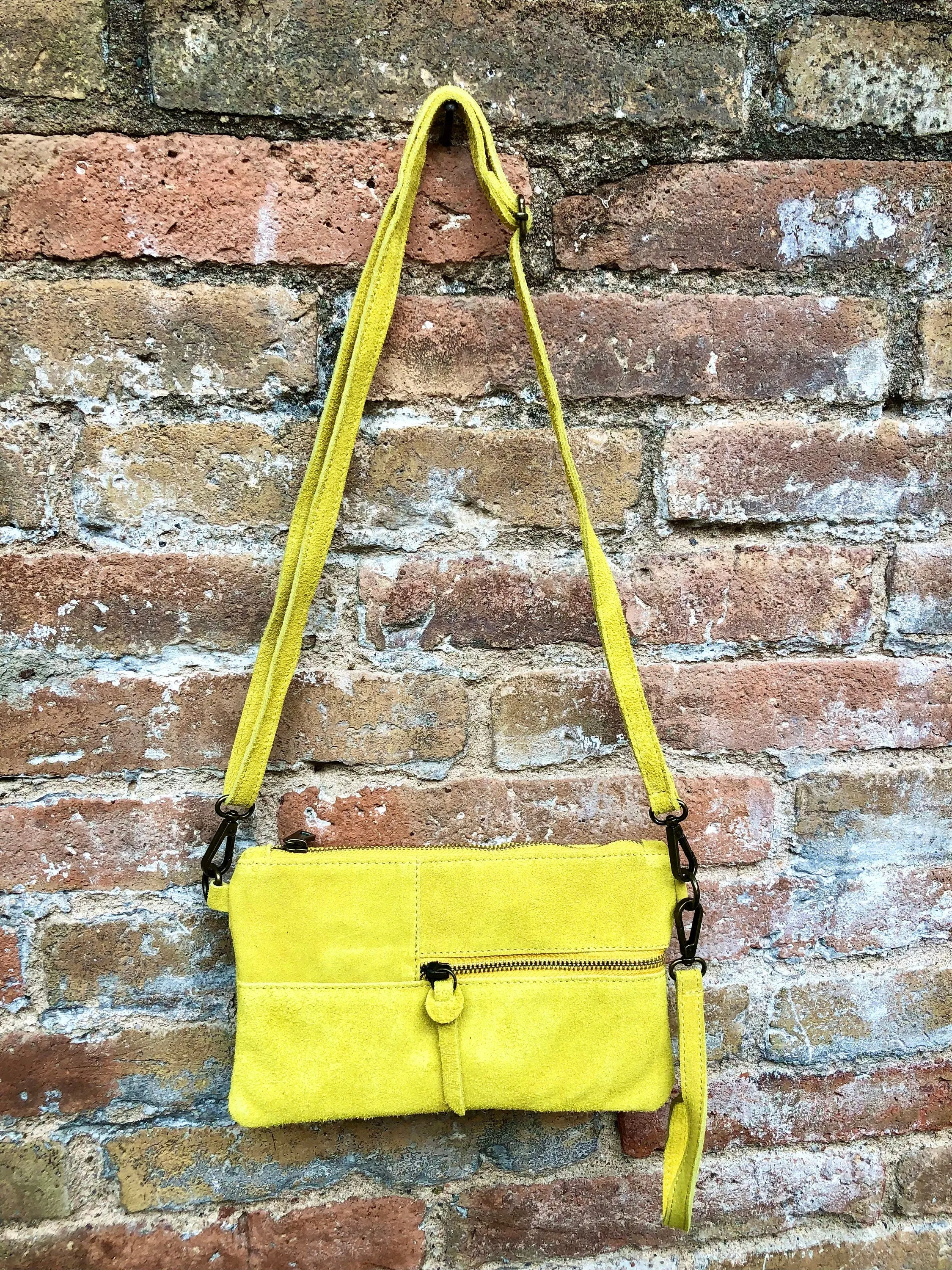 Small YELLOW suede bag. Cross body or shoulder bag in GENUINE suede  leather with adjustable strap and zipper. Boho yellow suede purse.