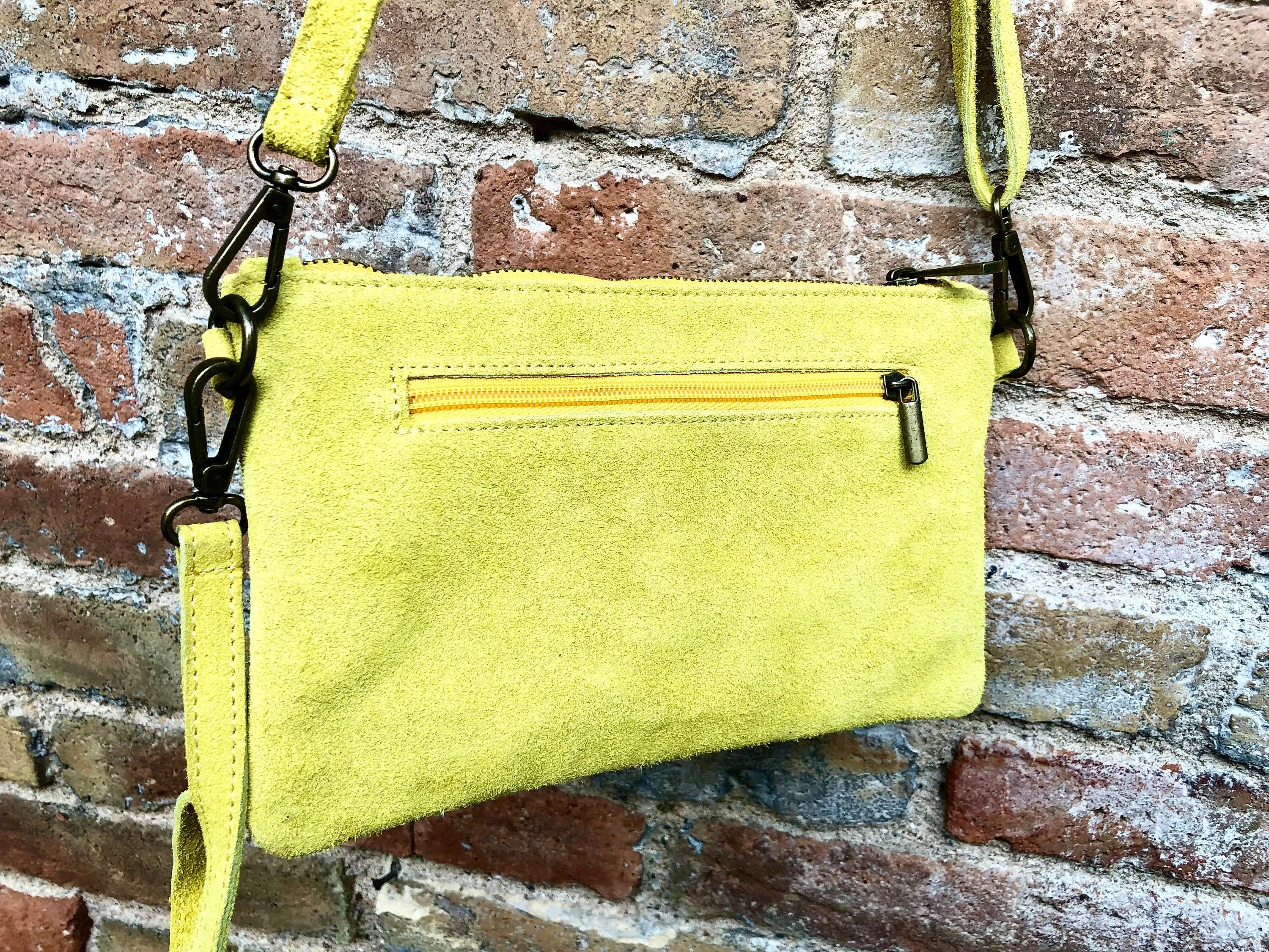 Small YELLOW suede bag. Cross body or shoulder bag in GENUINE suede  leather with adjustable strap and zipper. Boho yellow suede purse.