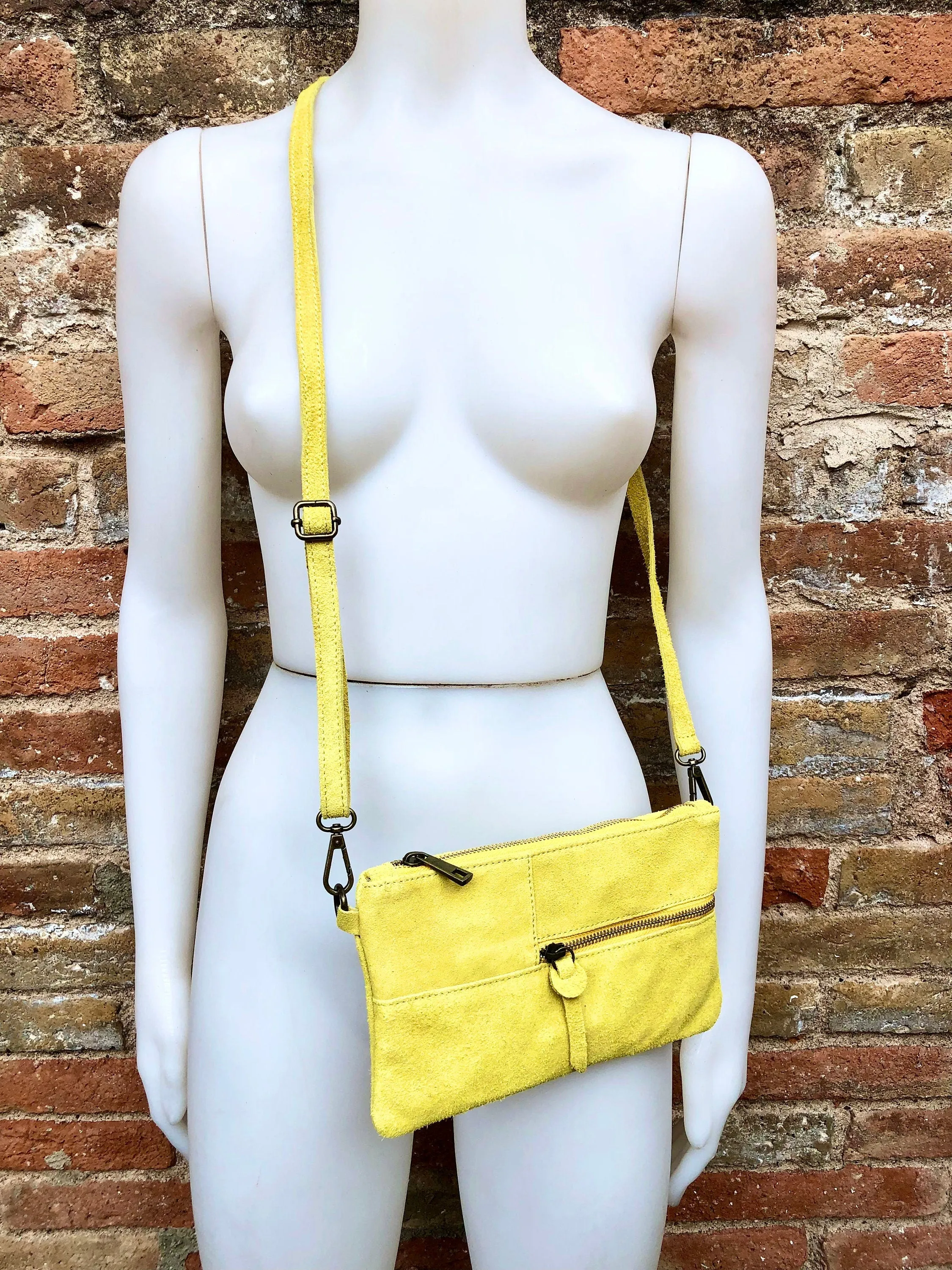 Small YELLOW suede bag. Cross body or shoulder bag in GENUINE suede  leather with adjustable strap and zipper. Boho yellow suede purse.