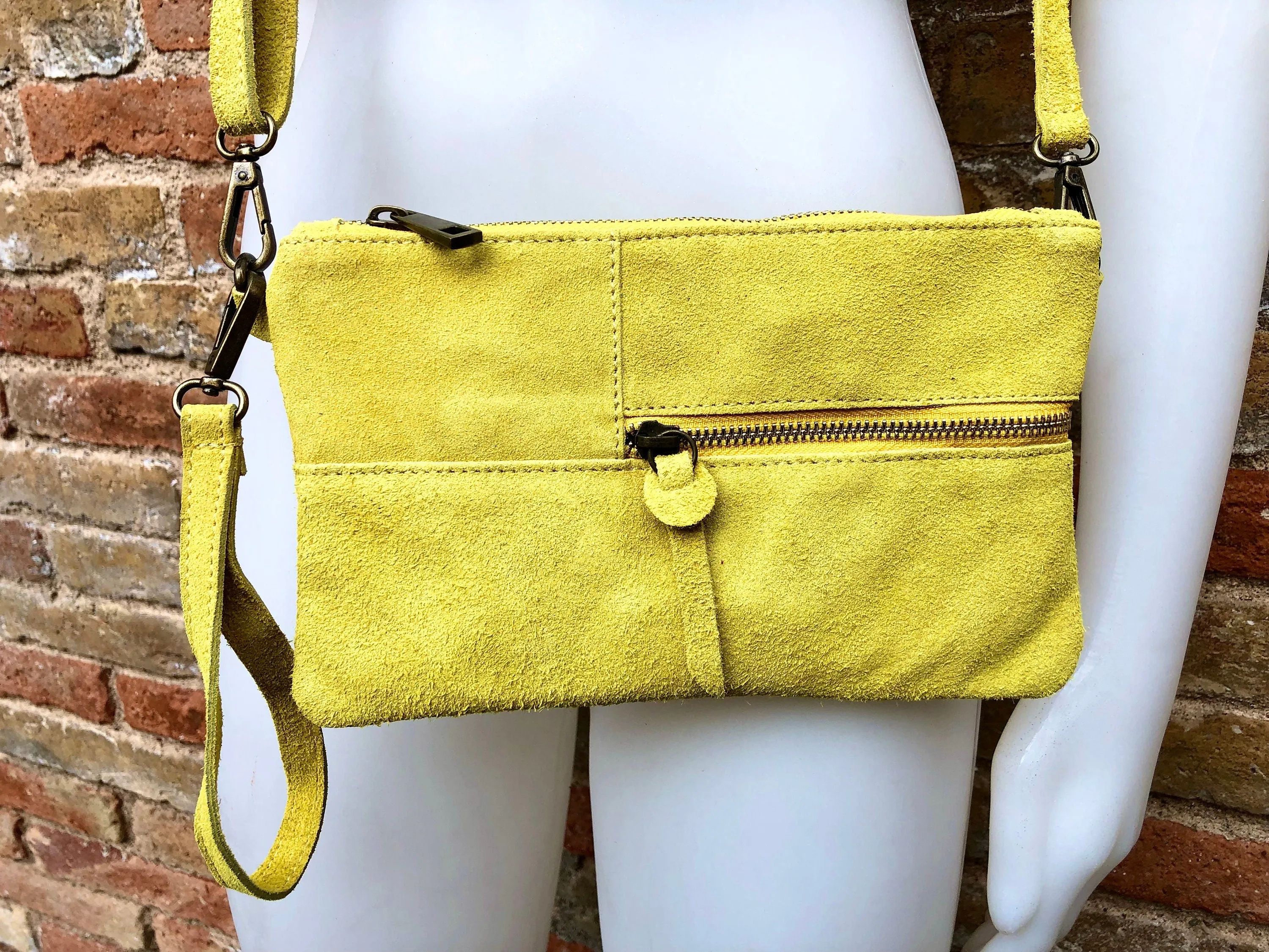 Small YELLOW suede bag. Cross body or shoulder bag in GENUINE suede  leather with adjustable strap and zipper. Boho yellow suede purse.