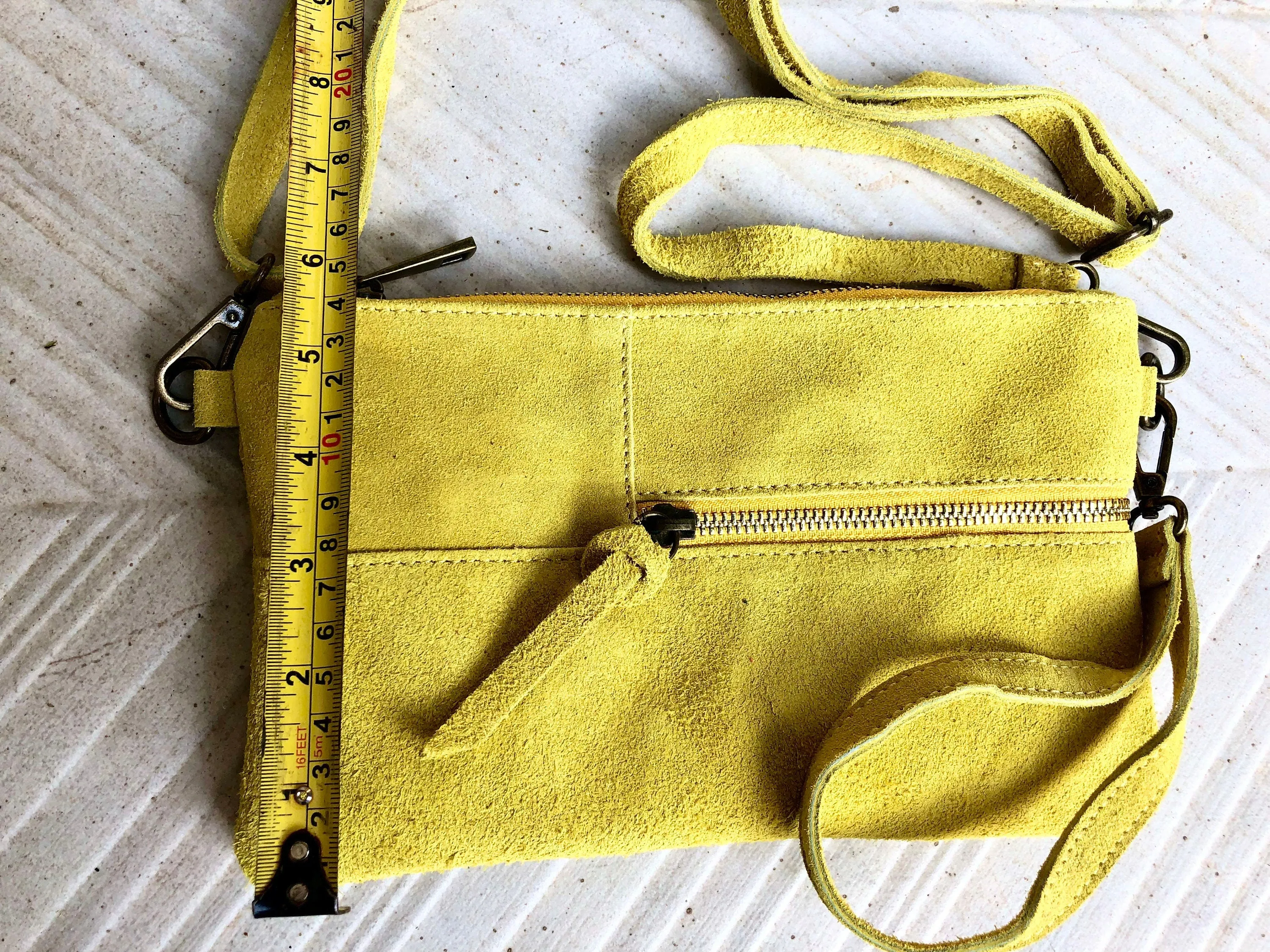 Small YELLOW suede bag. Cross body or shoulder bag in GENUINE suede  leather with adjustable strap and zipper. Boho yellow suede purse.